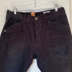 Hugo Boss orange, regular fit black jeans, worker style.